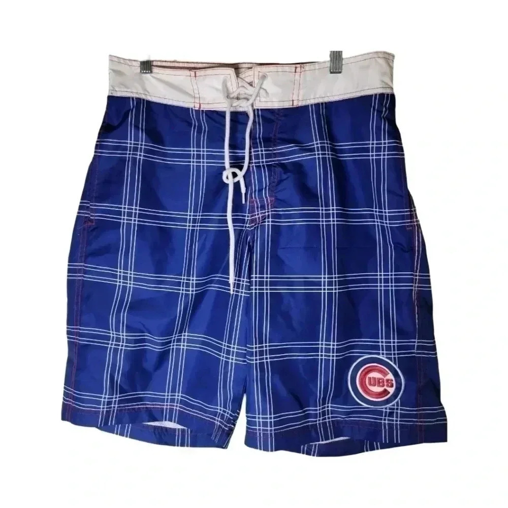 Chicago Cubs MLB Board Shorts Swim Trunks Men's Medium Blue Plaid Logo‎ Fan Gear
